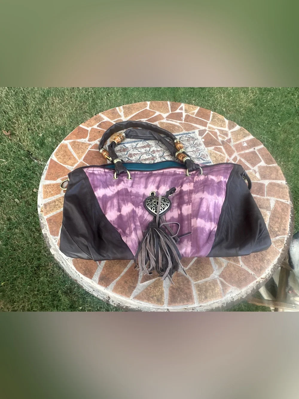 Vintage SHARIF New York Purple Tie-Dye Leather Hobo Bag with Heart Charm